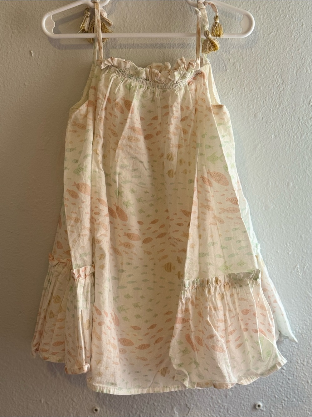C&C California Pastel Fish Print Tassel Strap Sundress - Cream, Pink, Green